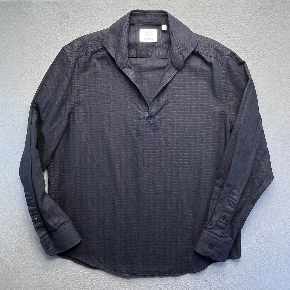 Baird McNutt Irish Linen Popover Shirt Black Textured Stripe Mens Large Murano